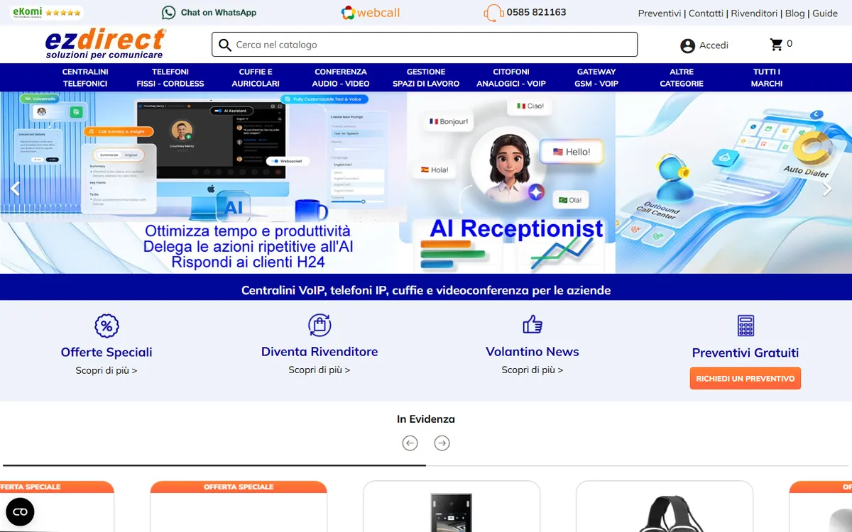 Homepage di ezdirect.it su desktop: ricerca nel catalogo, menu delle categorie e banner sui servizi.
