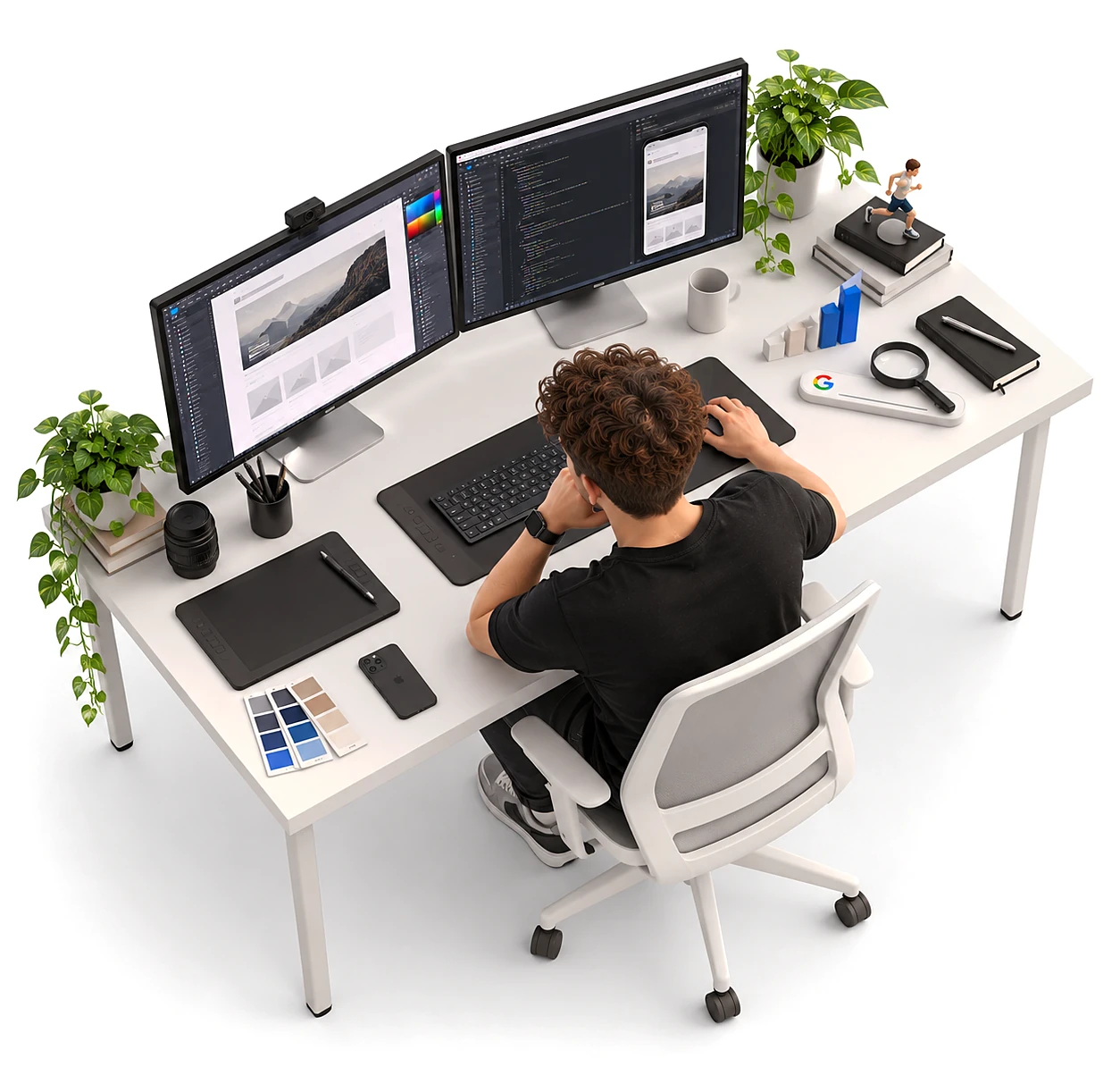 Render 3D di Matteo Giordani alla scrivania, con due monitor, una tavoletta grafica, campioni di colore e una barra di ricerca Google