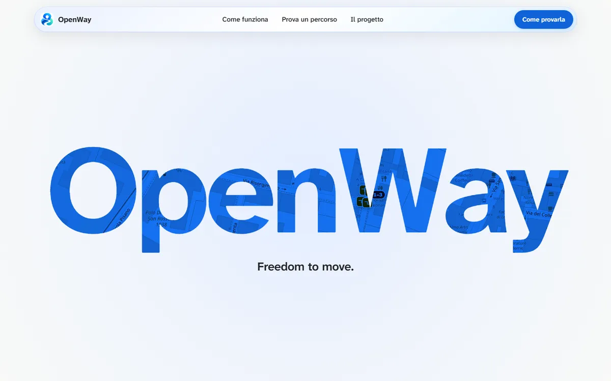Landing di OpenWay: il nome scritto con la mappa di Pisa dentro le lettere e il payoff Freedom to move.