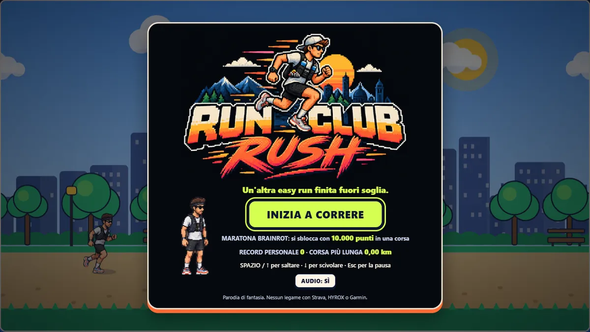 Schermata iniziale di Run Club Rush: logo pixel art, un runner nel parco e il pulsante Inizia a correre.