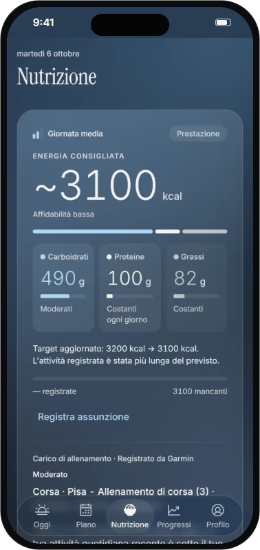 Schermata Nutrizione di Trainly: calorie consigliate divise tra i macronutrienti.