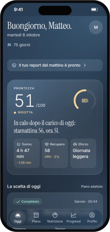 Schermata Oggi di Trainly: prontezza 51/100 con sonno, recupero e sforzo.